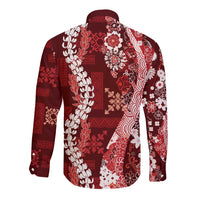 Hawaii Puakenikeni and Maile Lei Long Sleeve Button Shirt Red Japanese Wave Style - Polynesian Pride