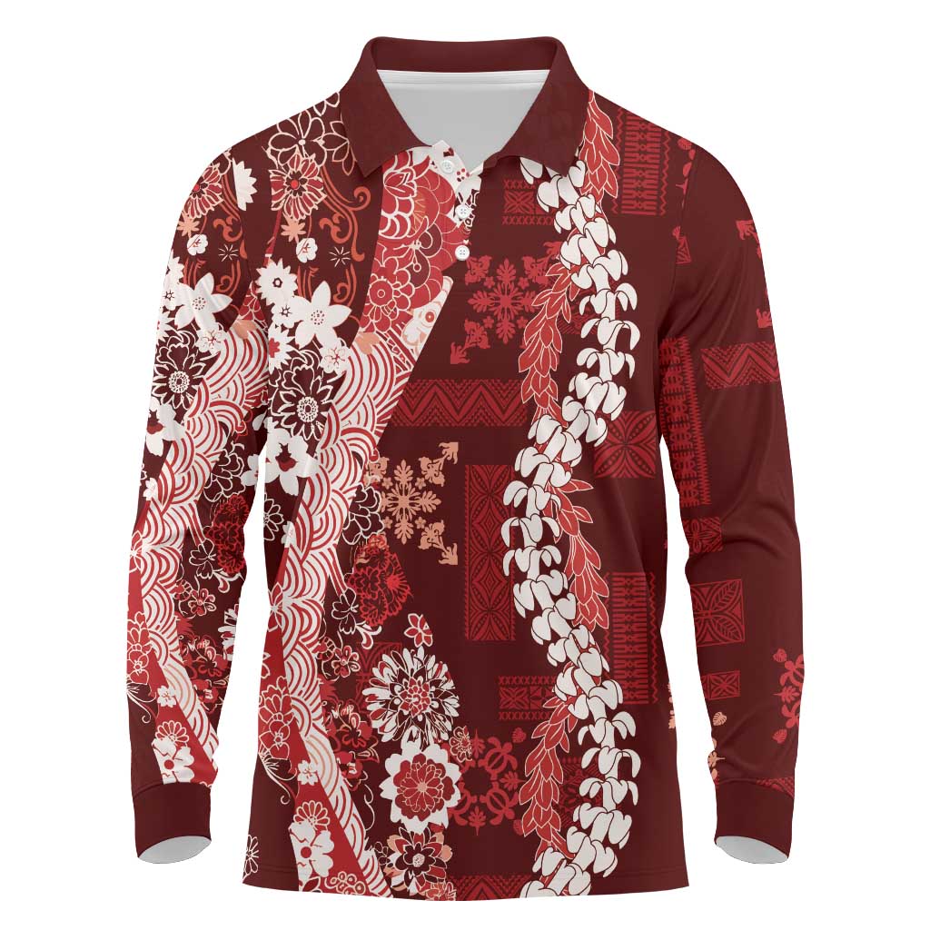 Hawaii Puakenikeni and Maile Lei Long Sleeve Polo Shirt Red Japanese Wave Style - Polynesian Pride