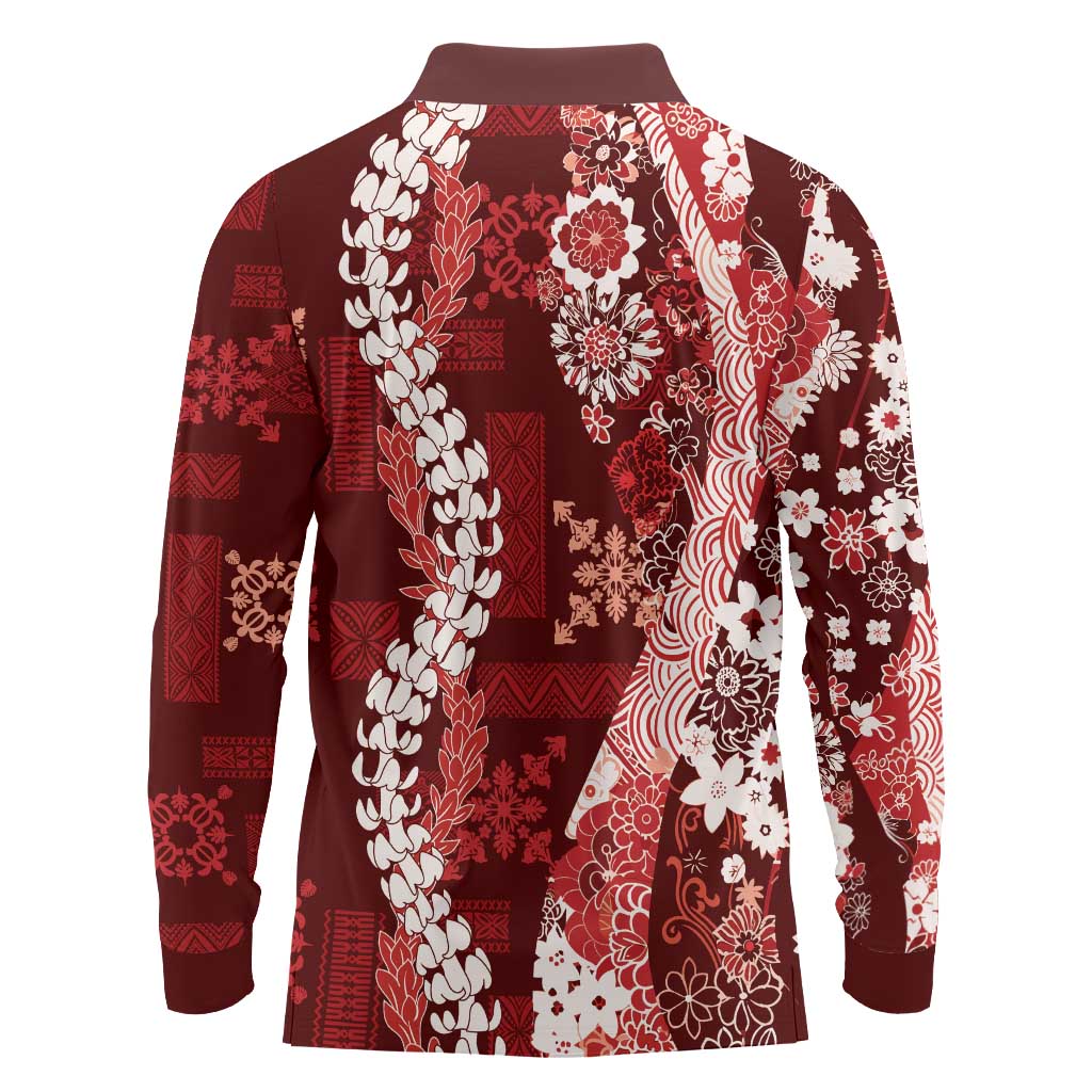 Hawaii Puakenikeni and Maile Lei Long Sleeve Polo Shirt Red Japanese Wave Style - Polynesian Pride