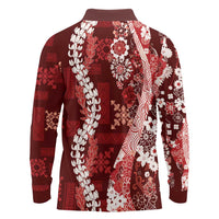 Hawaii Puakenikeni and Maile Lei Long Sleeve Polo Shirt Red Japanese Wave Style - Polynesian Pride