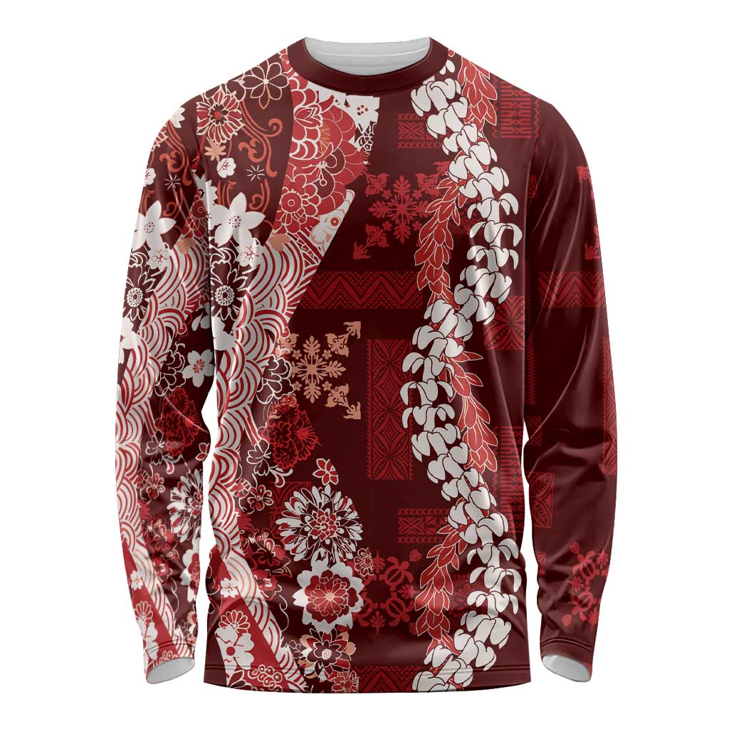 Hawaii Puakenikeni and Maile Lei Long Sleeve Shirt Red Japanese Wave Style LT9 Unisex Red - Polynesian Pride
