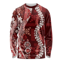 Hawaii Puakenikeni and Maile Lei Long Sleeve Shirt Red Japanese Wave Style - Polynesian Pride