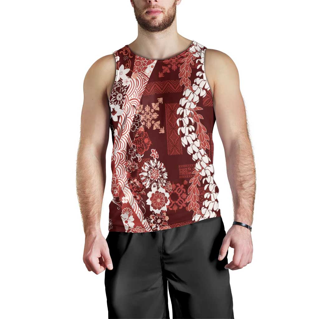 Hawaii Puakenikeni and Maile Lei Men Tank Top Red Japanese Wave Style - Polynesian Pride