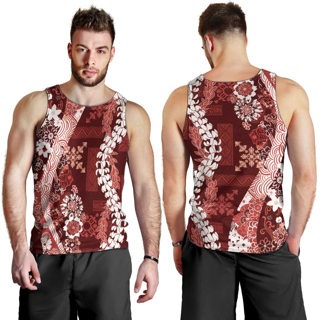 Hawaii Puakenikeni and Maile Lei Men Tank Top Red Japanese Wave Style - Polynesian Pride