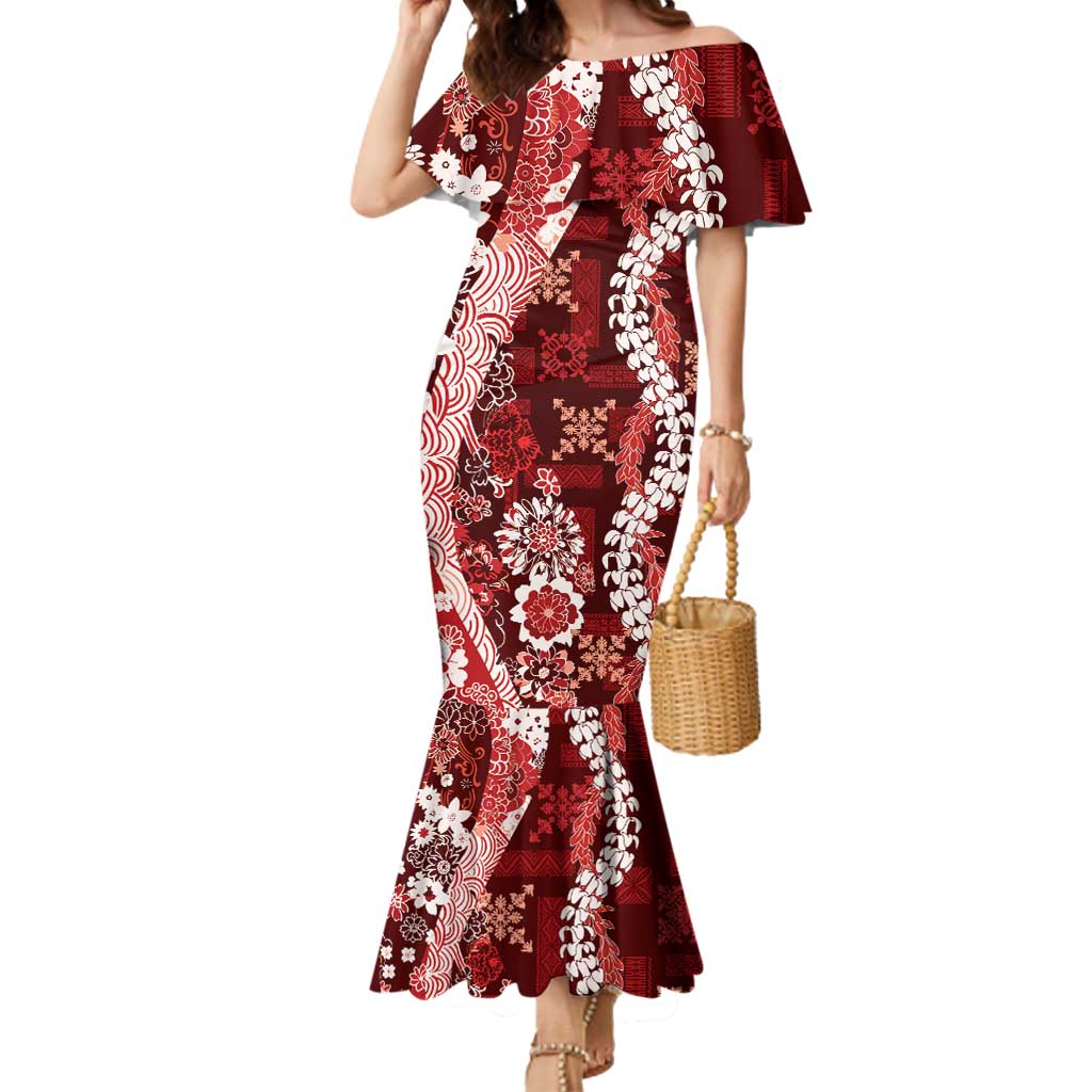 Hawaii Puakenikeni and Maile Lei Mermaid Dress Red Japanese Wave Style - Polynesian Pride