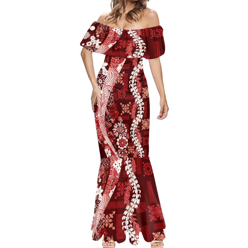 Hawaii Puakenikeni and Maile Lei Mermaid Dress Red Japanese Wave Style - Polynesian Pride