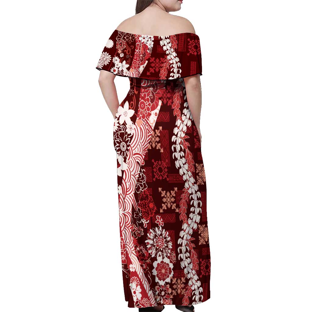 Hawaii Puakenikeni and Maile Lei Off Shoulder Maxi Dress Red Japanese Wave Style - Polynesian Pride