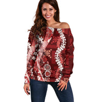 Hawaii Puakenikeni and Maile Lei Off Shoulder Sweater Red Japanese Wave Style - Polynesian Pride