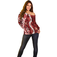 Hawaii Puakenikeni and Maile Lei Off Shoulder Sweater Red Japanese Wave Style - Polynesian Pride