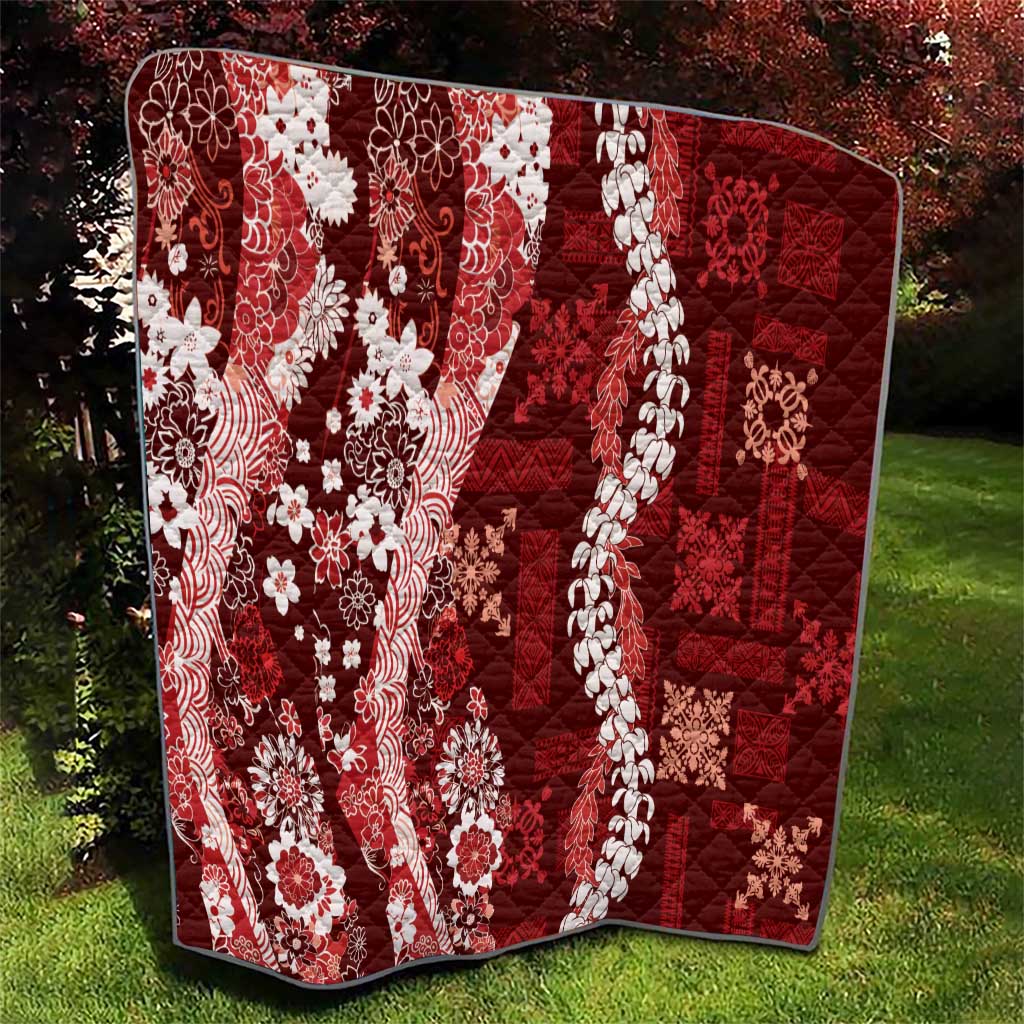 Hawaii Puakenikeni and Maile Lei Quilt Red Japanese Wave Style - Polynesian Pride