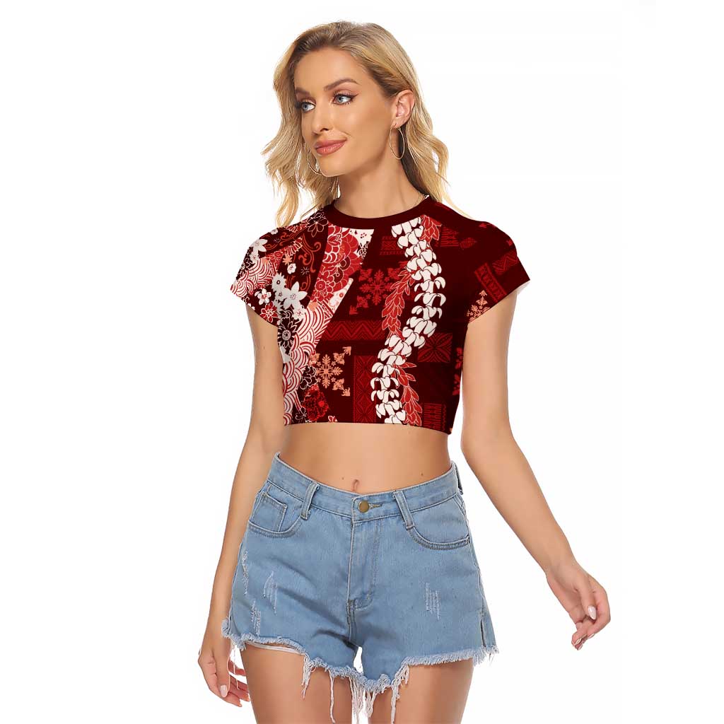 Hawaii Puakenikeni and Maile Lei Raglan Cropped T Shirt Red Japanese Wave Style - Polynesian Pride