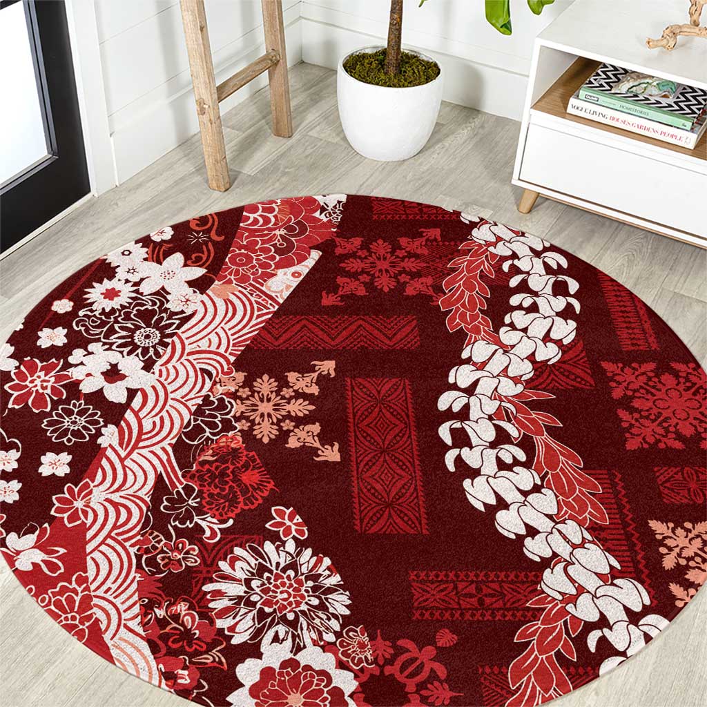 Hawaii Puakenikeni and Maile Lei Round Carpet Red Japanese Wave Style LT9 Red - Polynesian Pride