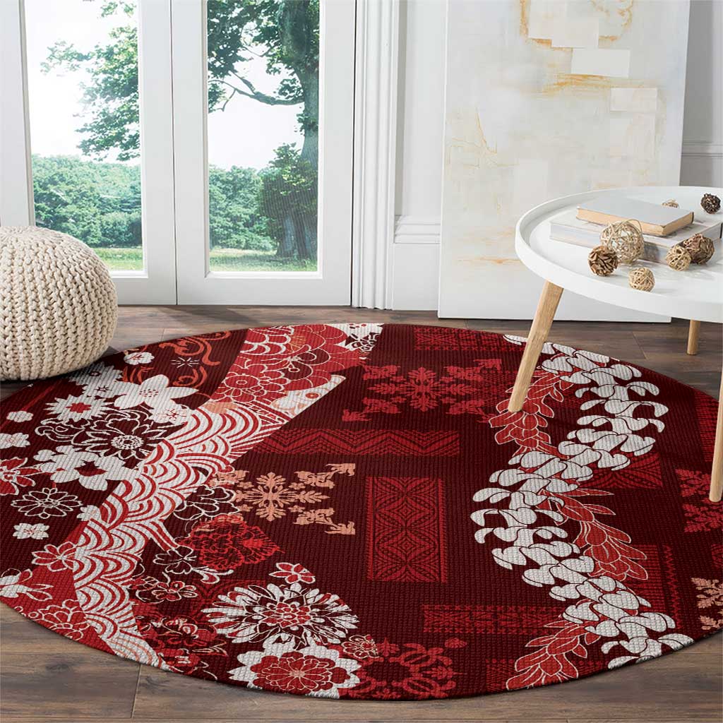 Hawaii Puakenikeni and Maile Lei Round Carpet Red Japanese Wave Style - Polynesian Pride