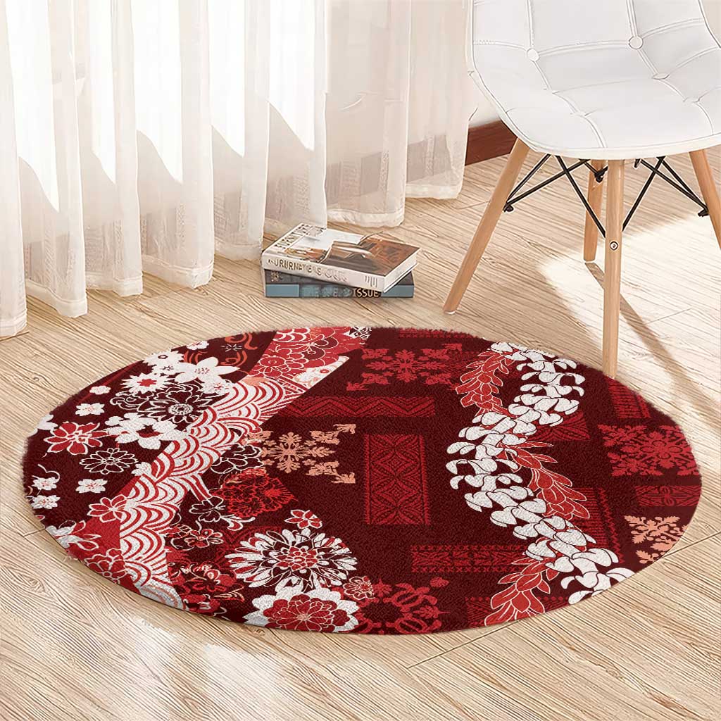 Hawaii Puakenikeni and Maile Lei Round Carpet Red Japanese Wave Style - Polynesian Pride