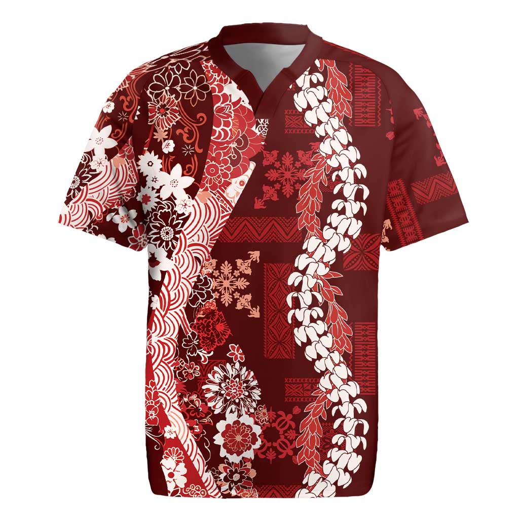 Hawaii Puakenikeni and Maile Lei Rugby Jersey Red Japanese Wave Style - Polynesian Pride