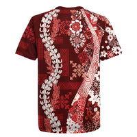 Hawaii Puakenikeni and Maile Lei Rugby Jersey Red Japanese Wave Style - Polynesian Pride