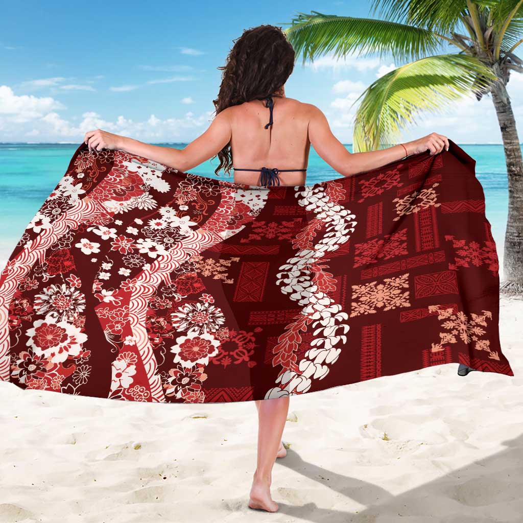Hawaii Puakenikeni and Maile Lei Sarong Red Japanese Wave Style - Polynesian Pride
