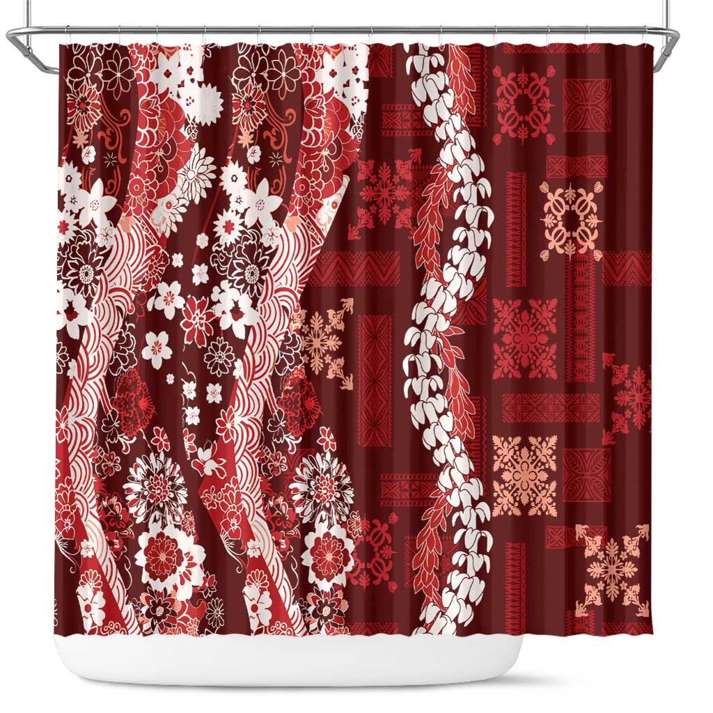 Hawaii Puakenikeni and Maile Lei Shower Curtain Red Japanese Wave Style LT9 Red - Polynesian Pride