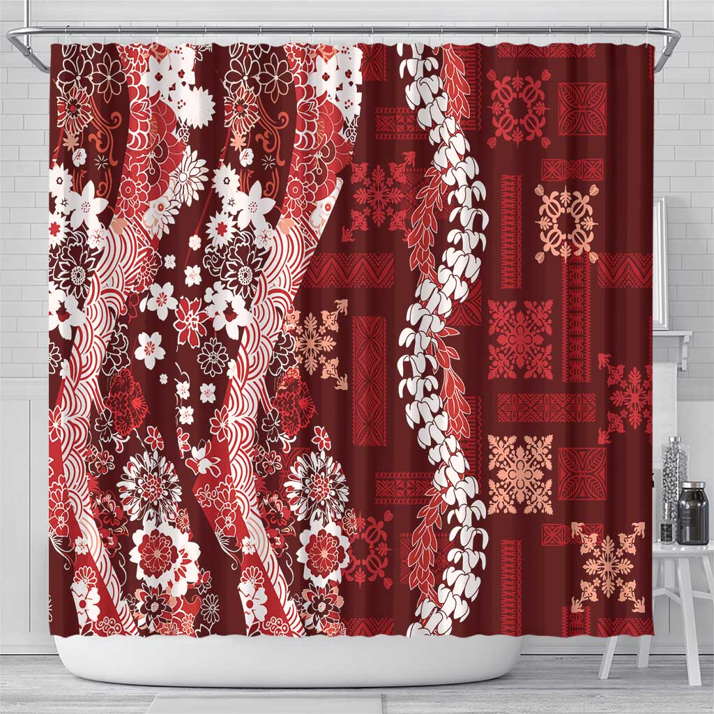 Hawaii Puakenikeni and Maile Lei Shower Curtain Red Japanese Wave Style - Polynesian Pride