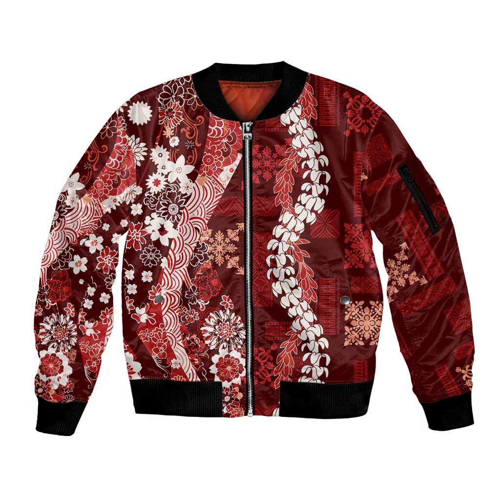 Hawaii Puakenikeni and Maile Lei Sleeve Zip Bomber Jacket Red Japanese Wave Style LT9 Unisex Red - Polynesian Pride