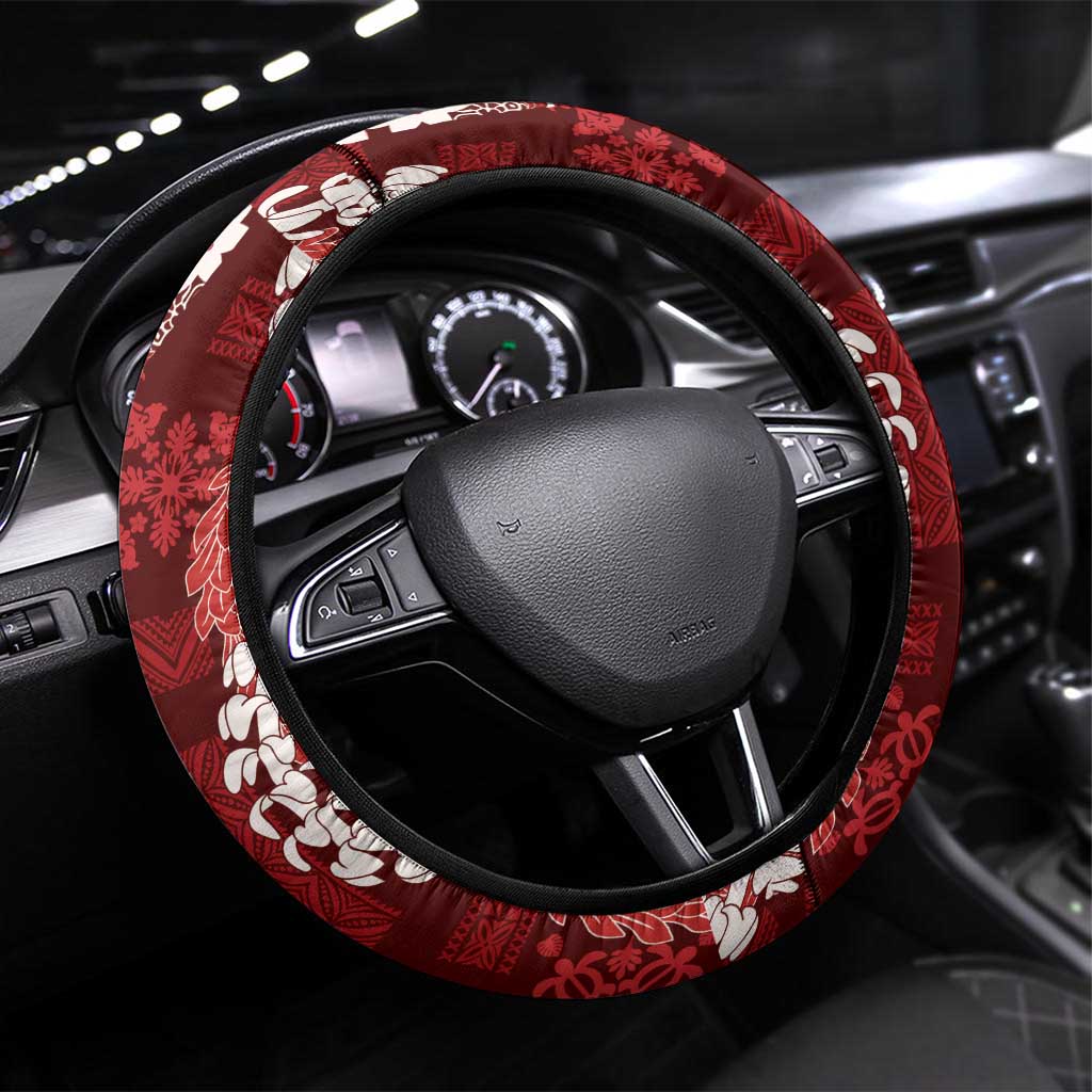 Hawaii Puakenikeni and Maile Lei Steering Wheel Cover Red Japanese Wave Style - Polynesian Pride