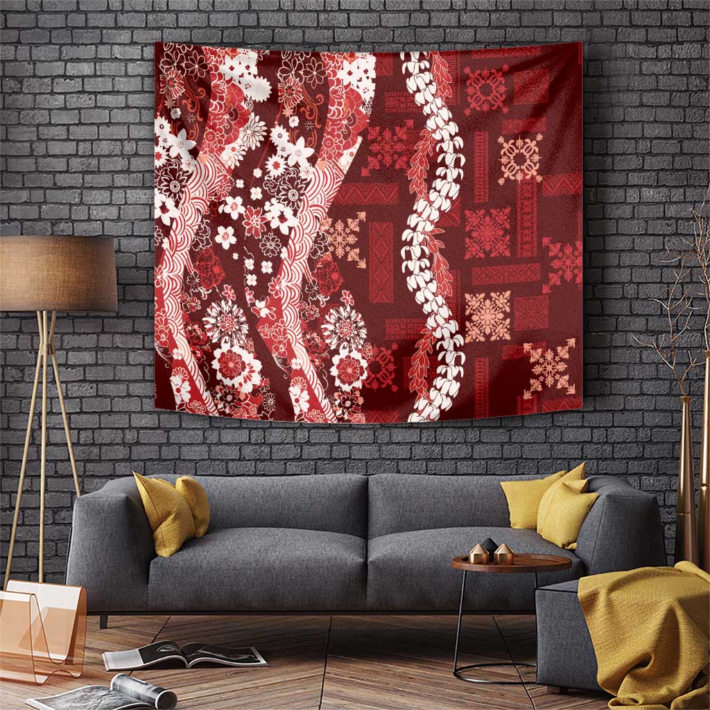 Hawaii Puakenikeni and Maile Lei Tapestry Red Japanese Wave Style LT9 Red - Polynesian Pride