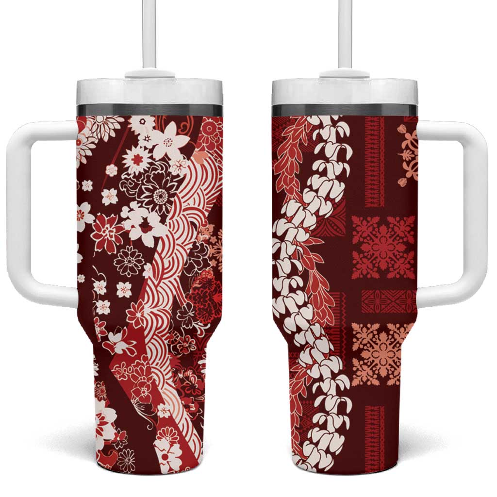 Hawaii Puakenikeni and Maile Lei Tumbler With Handle Red Japanese Wave Style - Polynesian Pride