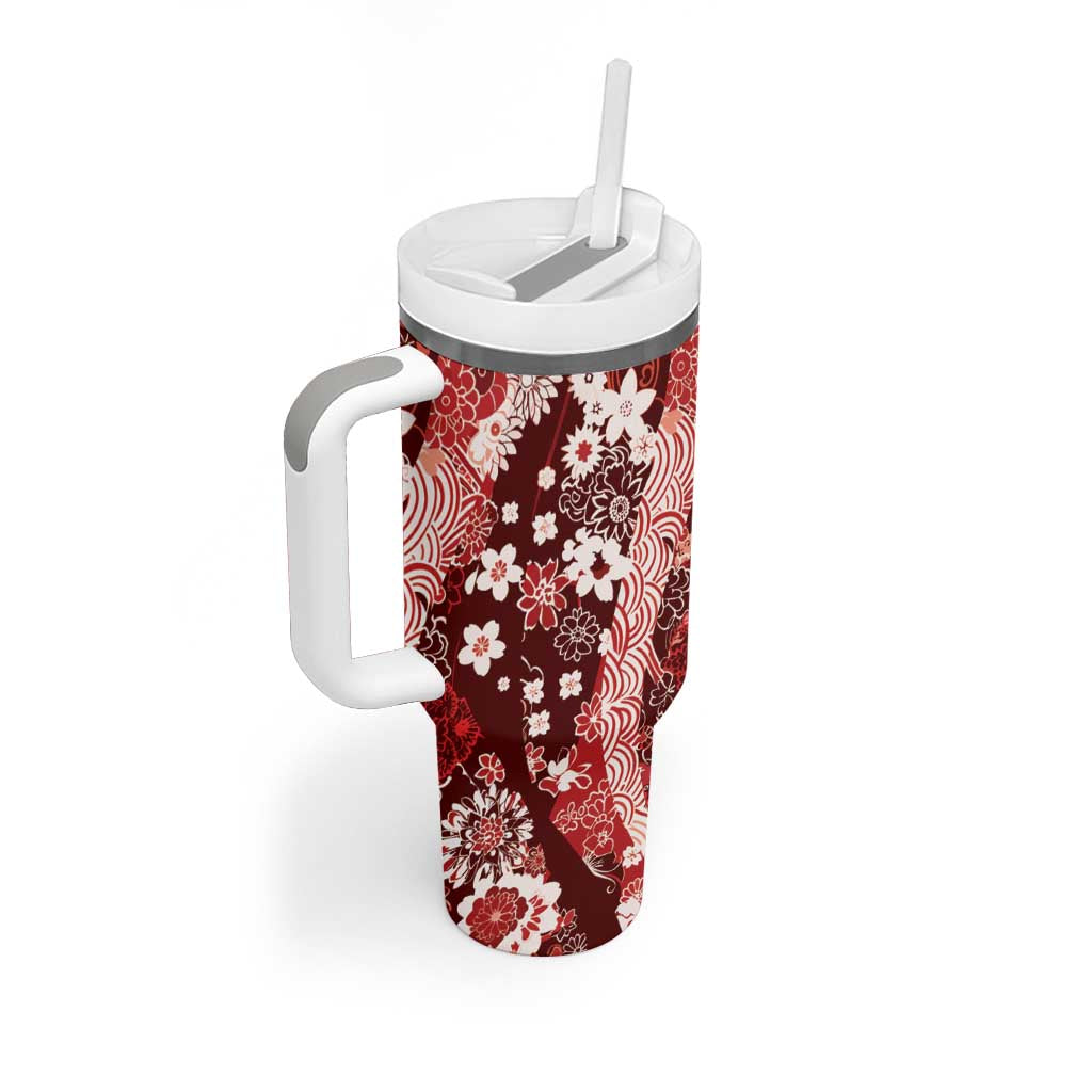 Hawaii Puakenikeni and Maile Lei Tumbler With Handle Red Japanese Wave Style - Polynesian Pride