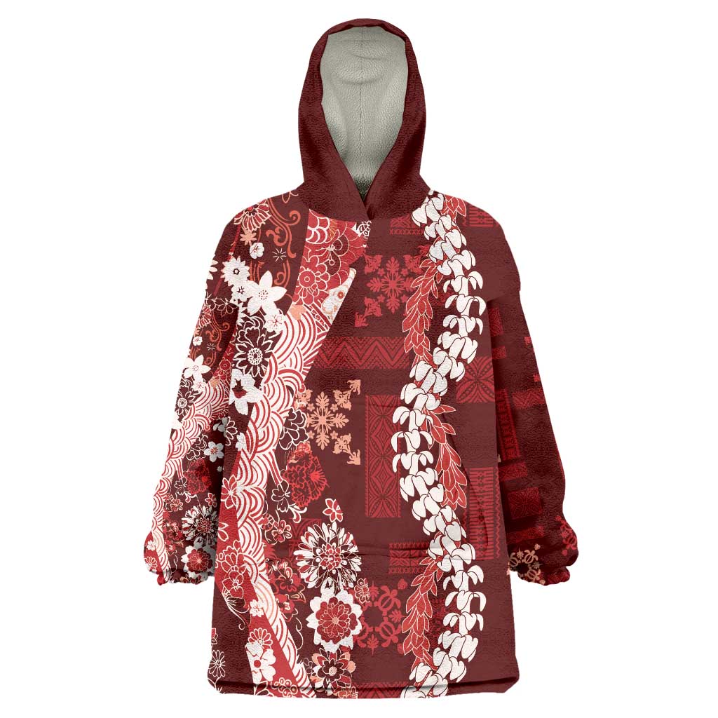 Hawaii Puakenikeni and Maile Lei Wearable Blanket Hoodie Red Japanese Wave Style LT9 One Size Red - Polynesian Pride