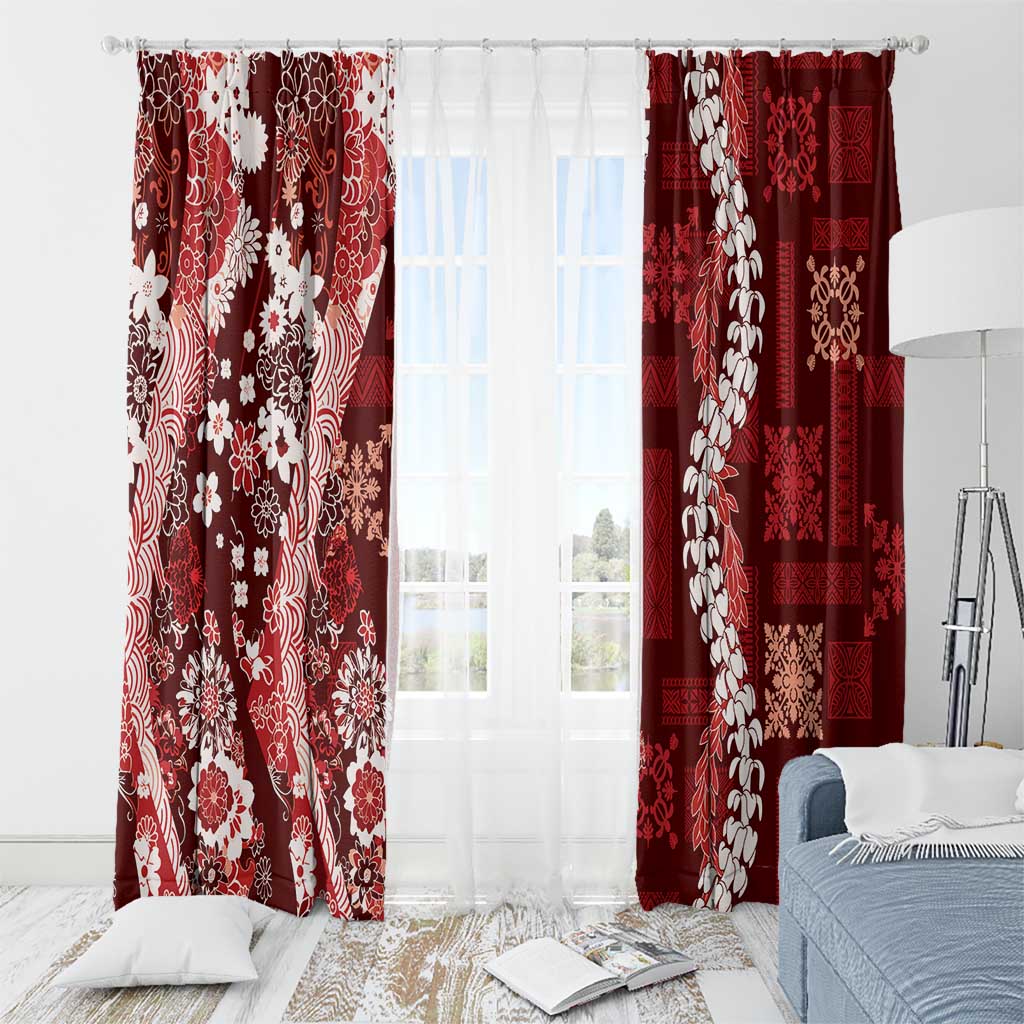 Hawaii Puakenikeni and Maile Lei Window Curtain Red Japanese Wave Style - Polynesian Pride