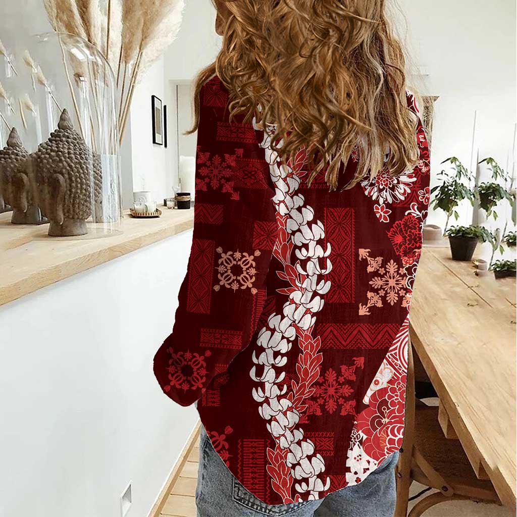 Hawaii Puakenikeni and Maile Lei Women Casual Shirt Red Japanese Wave Style - Polynesian Pride
