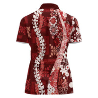 Hawaii Puakenikeni and Maile Lei Women Polo Shirt Red Japanese Wave Style - Polynesian Pride