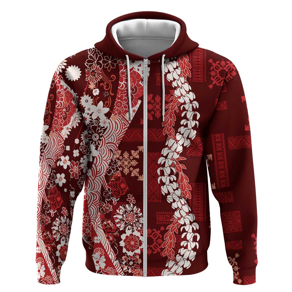 Hawaii Puakenikeni and Maile Lei Zip Hoodie Red Japanese Wave Style LT9 Zip Hoodie Red - Polynesian Pride