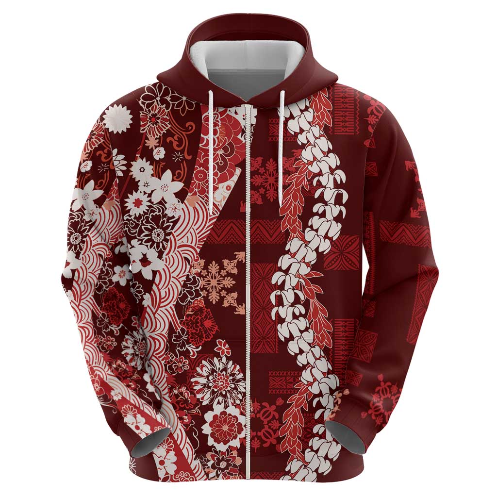 Hawaii Puakenikeni and Maile Lei Zip Hoodie Red Japanese Wave Style - Polynesian Pride