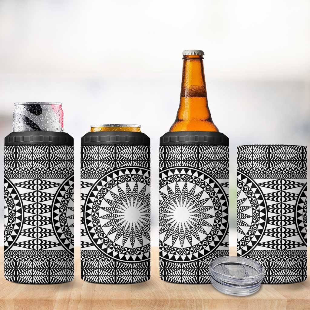 All White Tonga Malo e lelei 4 in 1 Can Cooler Tumbler Vintage Ngatu Tribal Pattern - Polynesian Pride