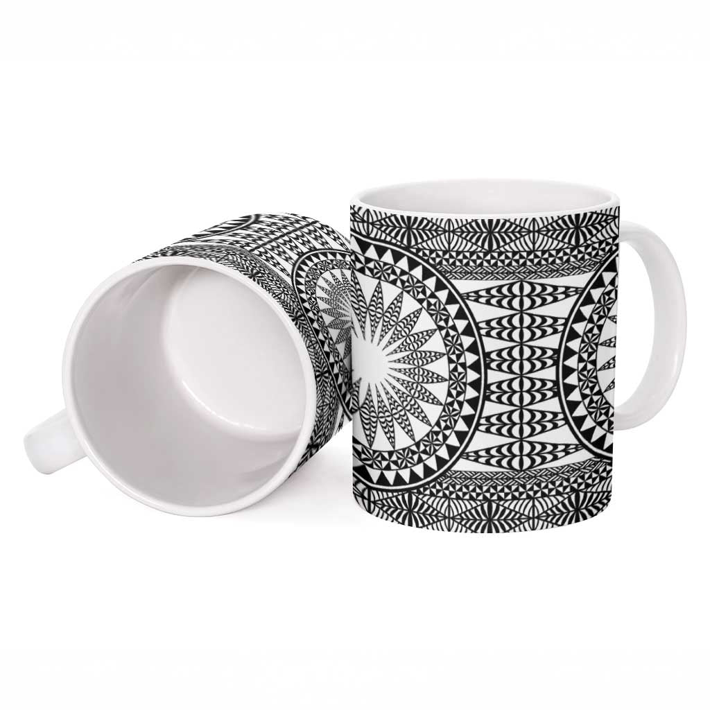 All White Tonga Malo e lelei Ceramic Mug Vintage Ngatu Tribal Pattern - Polynesian Pride