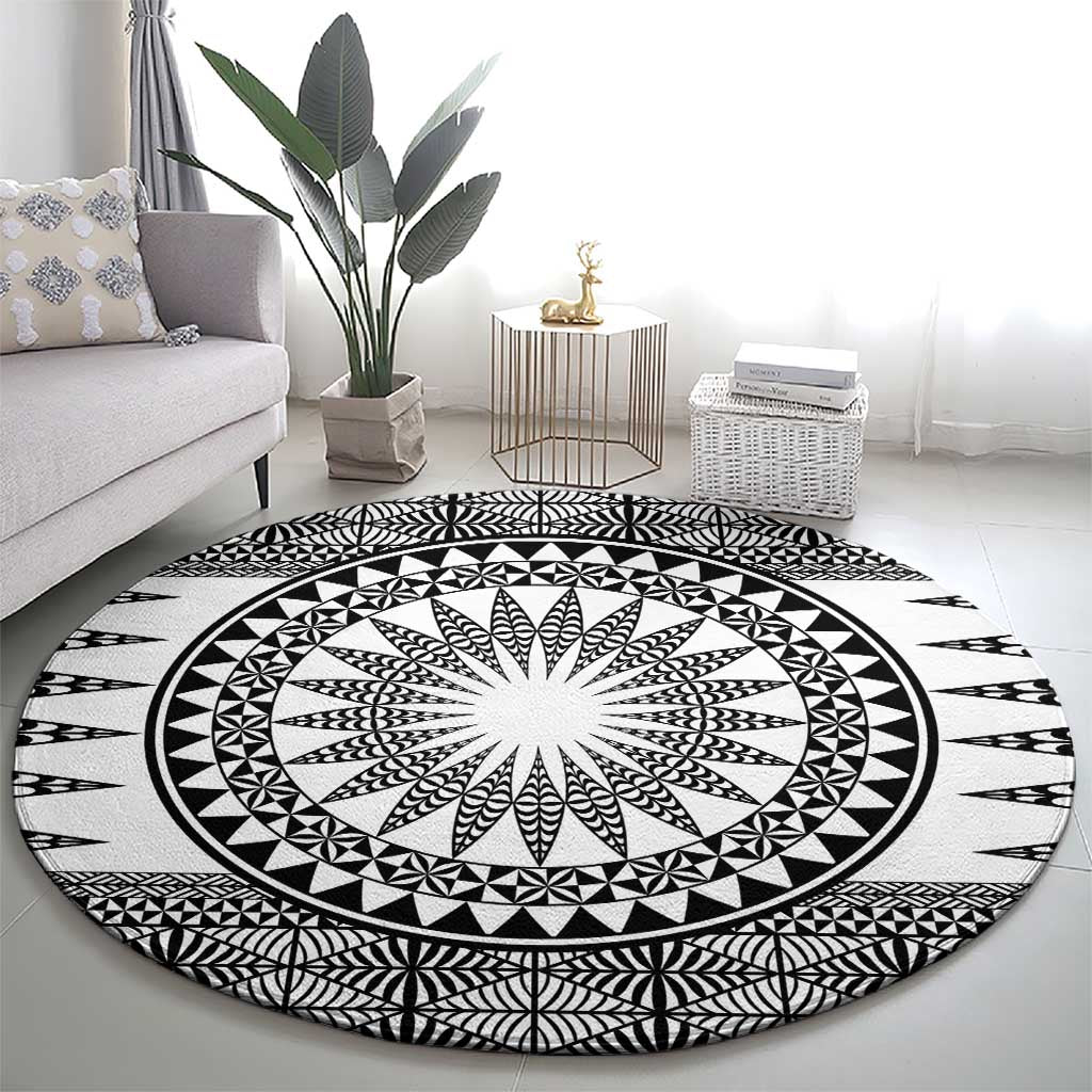 All White Tonga Malo e lelei Round Carpet Vintage Ngatu Tribal Pattern - Polynesian Pride