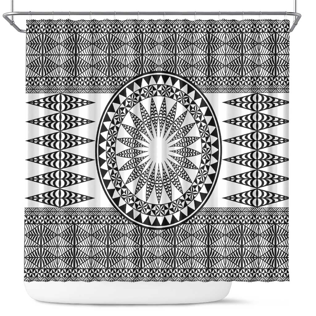 All White Tonga Malo e lelei Shower Curtain Vintage Ngatu Tribal Pattern - Polynesian Pride