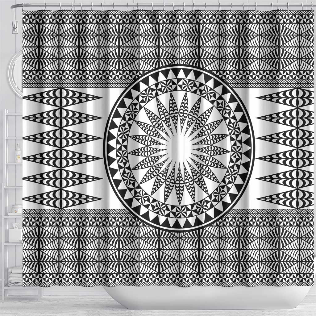 All White Tonga Malo e lelei Shower Curtain Vintage Ngatu Tribal Pattern - Polynesian Pride