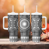 All White Tonga Malo e lelei Tumbler With Handle Vintage Ngatu Tribal Pattern - Polynesian Pride