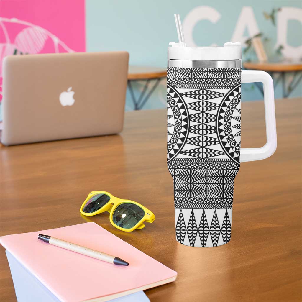 All White Tonga Malo e lelei Tumbler With Handle Vintage Ngatu Tribal Pattern - Polynesian Pride