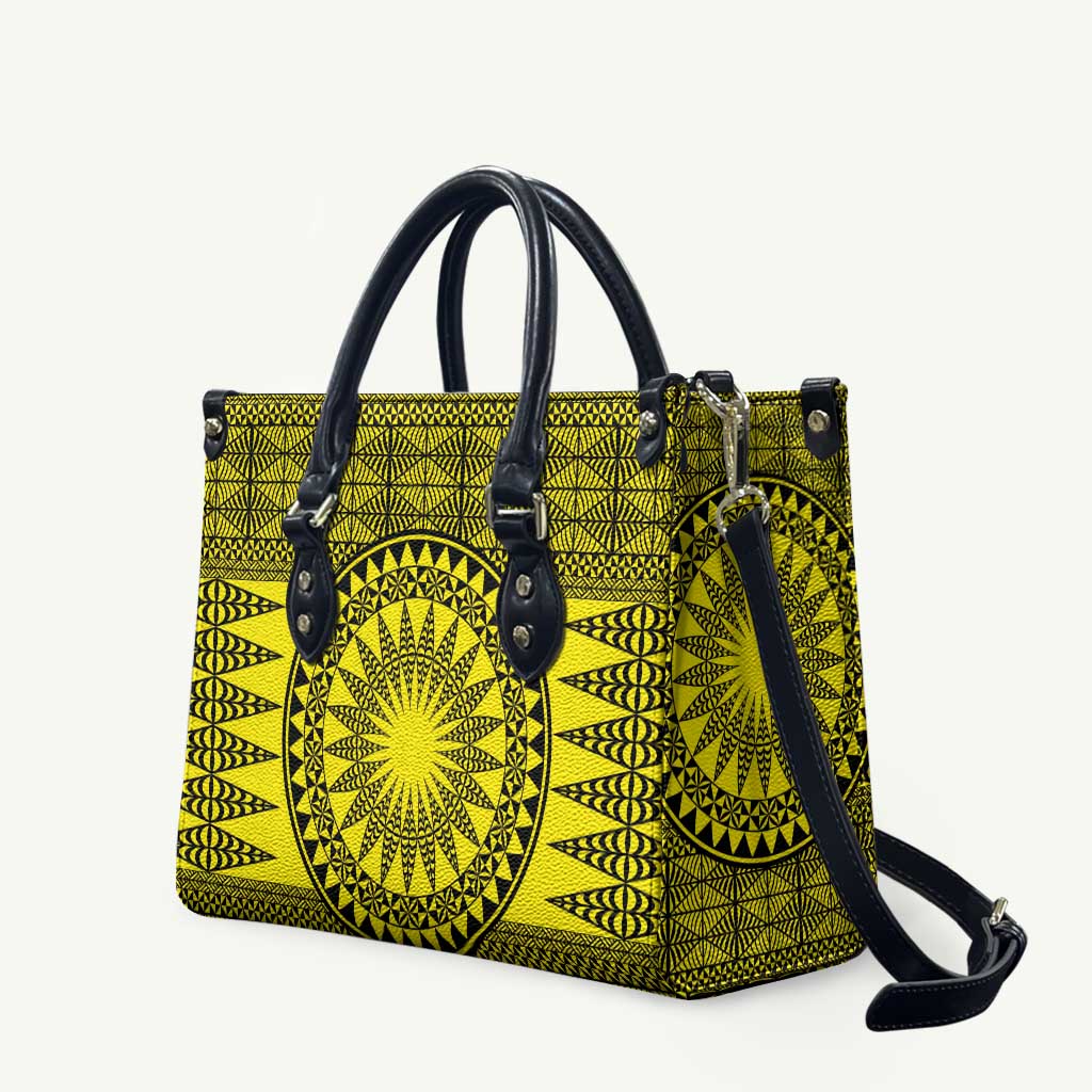 All Yellow Tonga Malo e lelei Leather Bag Vintage Ngatu Tribal Pattern - Polynesian Pride