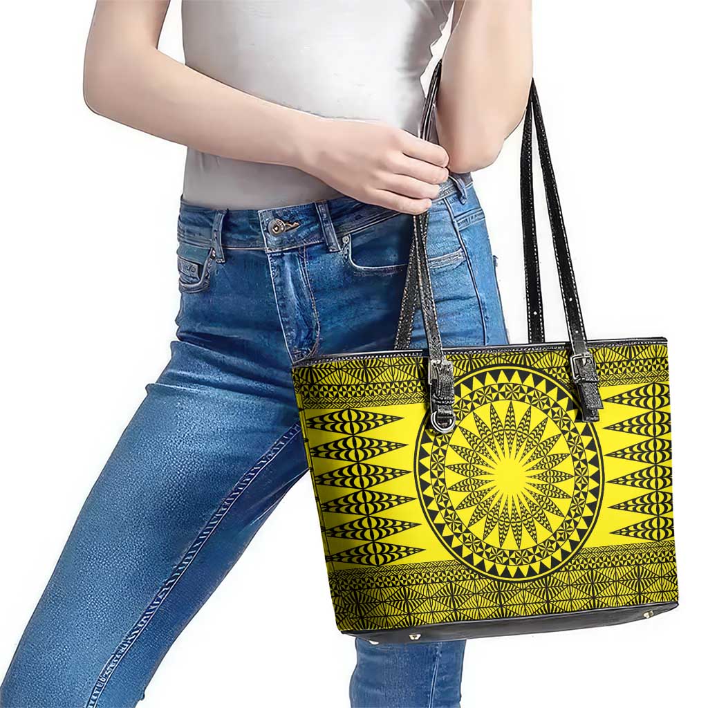All Yellow Tonga Malo e lelei Leather Tote Bag Vintage Ngatu Tribal Pattern - Polynesian Pride