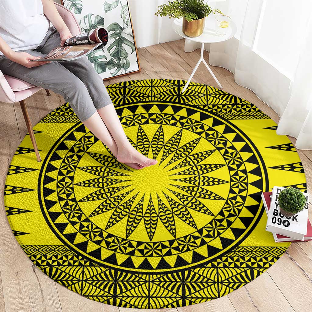 All Yellow Tonga Malo e lelei Round Carpet Vintage Ngatu Tribal Pattern - Polynesian Pride