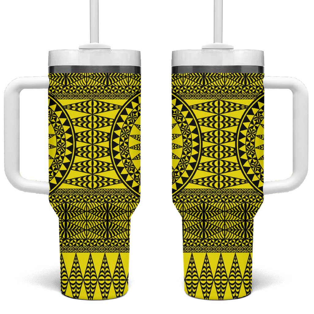 All Yellow Tonga Malo e lelei Tumbler With Handle Vintage Ngatu Tribal Pattern - Polynesian Pride