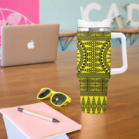All Yellow Tonga Malo e lelei Tumbler With Handle Vintage Ngatu Tribal Pattern - Polynesian Pride