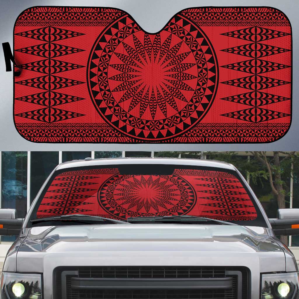 All Red Tonga Malo e lelei Auto Sun Shade Vintage Ngatu Tribal Pattern - Polynesian Pride