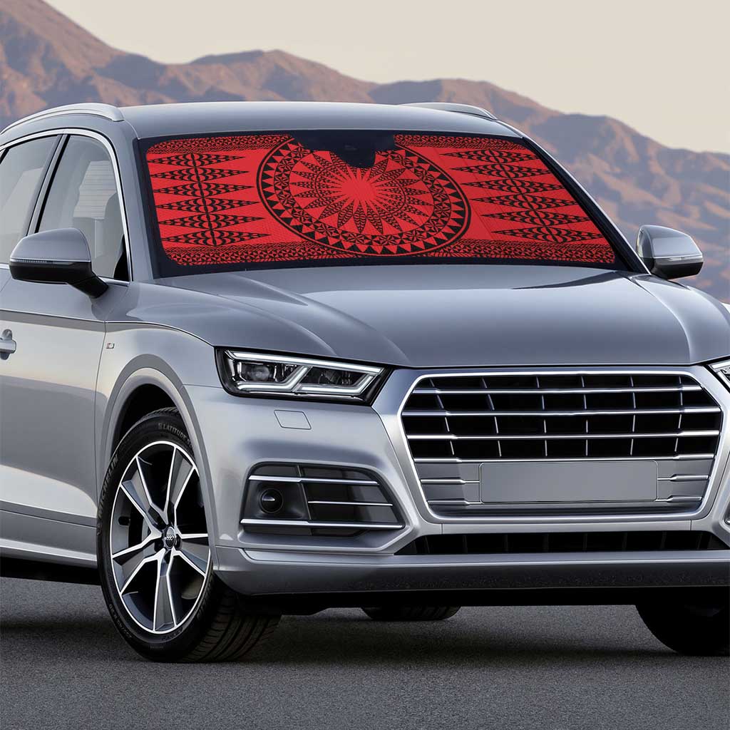 All Red Tonga Malo e lelei Auto Sun Shade Vintage Ngatu Tribal Pattern - Polynesian Pride