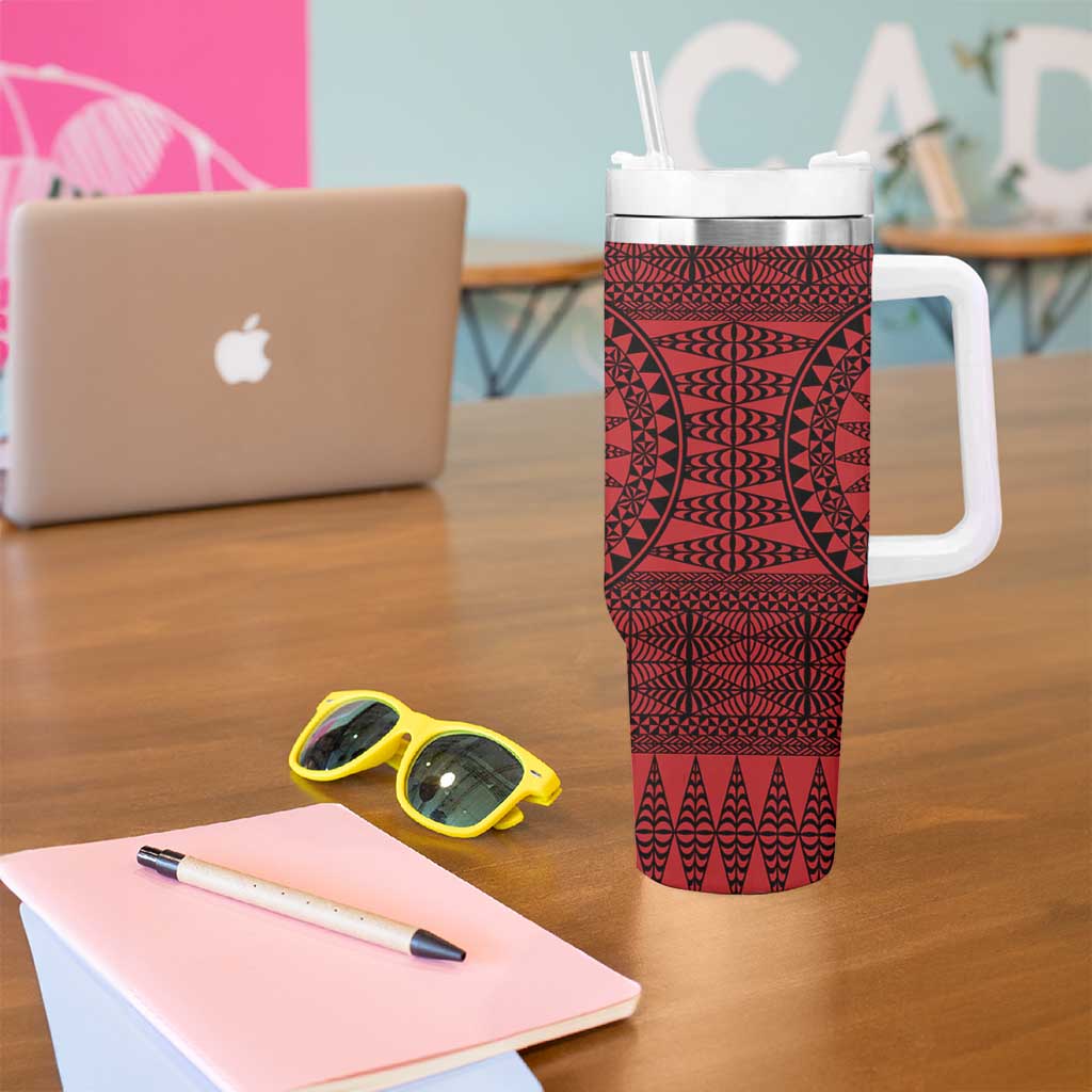 All Red Tonga Malo e lelei Tumbler With Handle Vintage Ngatu Tribal Pattern - Polynesian Pride