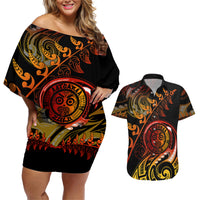 New Zealand Couples Matching Off Shoulder Short Dress and Hawaiian Shirt Aotearoa Wisdom Face Maori Fern Tattoo Arty LT9 Reggae - Polynesian Pride